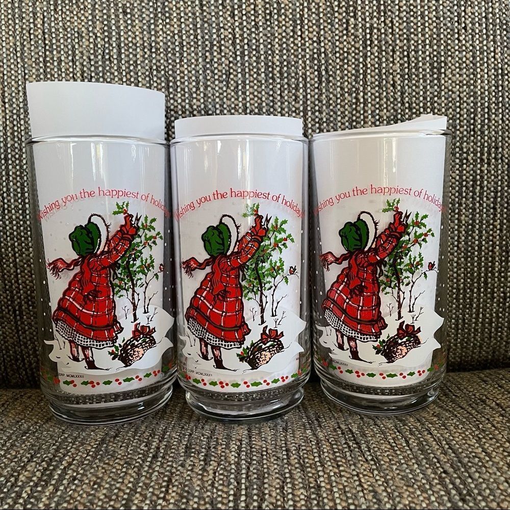 3 Vintage 1982 Holly Hobbie American Greetings Holiday Drinking Glasses Coca Col